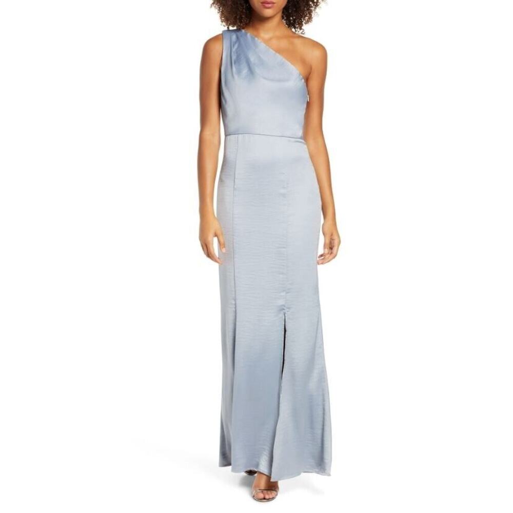Chi Chi London Women's Eden One Shoulder Satin Trumpet Gown in Blue Size 6 $120